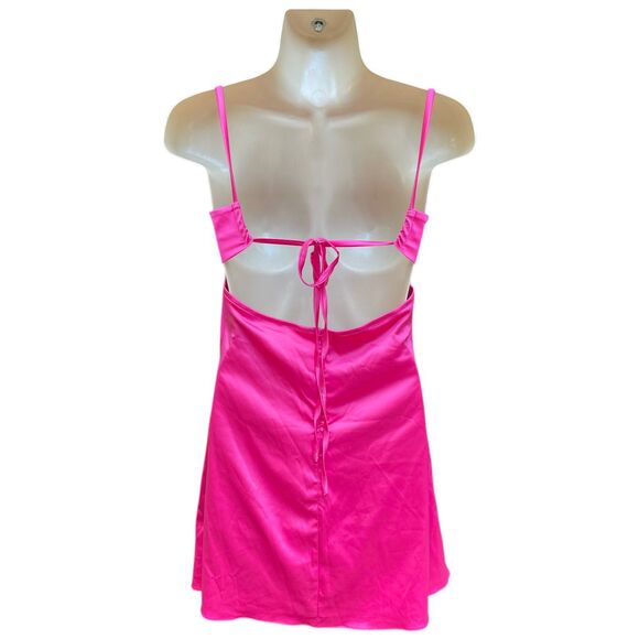 Hot Pink Satin Lace Slip Mini Dress NWT Size Small Ruched Spaghetti Strap Party - Picture 4 of 16
